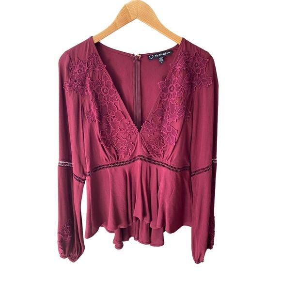 For Love & Lemons Deep V Long‎ Sleeve Blouse Top in Wine Size Large - Picture 3 of 9